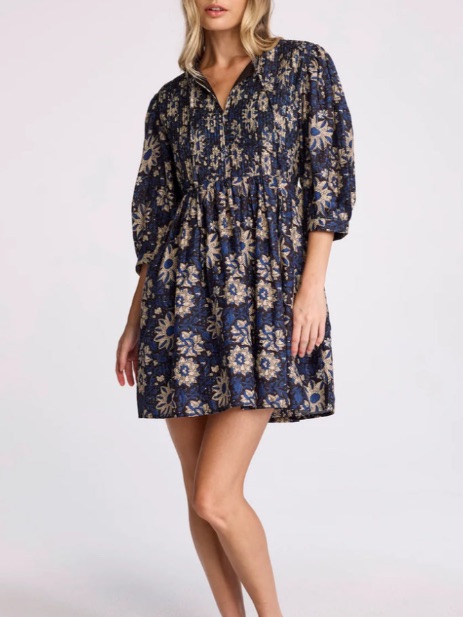 Sundays Navy And Beige Floral Silk Blend Dress With Tie Neck
